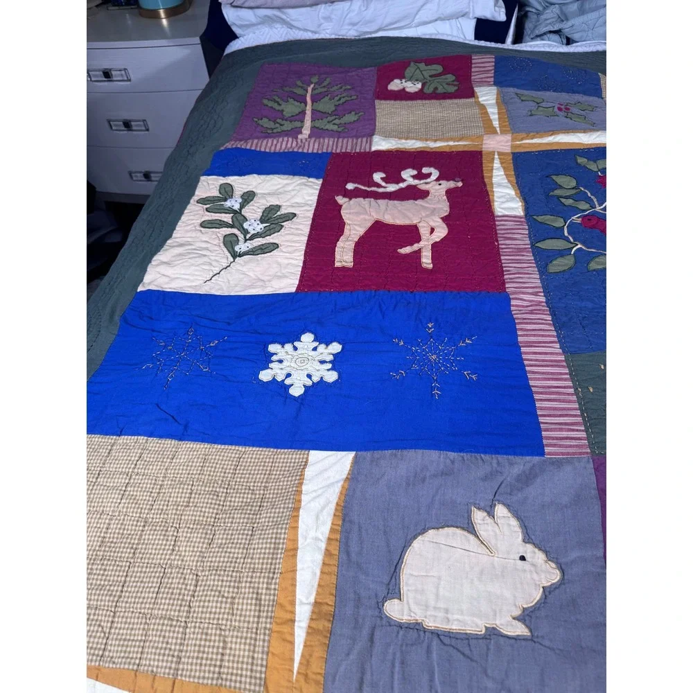 VTG Folk‎ Art Quilt Queen Hand Appliqué Woodland Christmas Patchwork Farmhouse